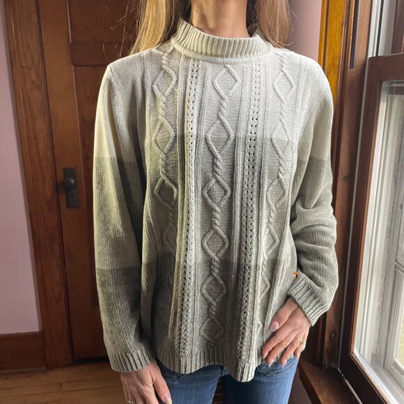 Vintage 90s Sage Green Chenille Sweater L Mock Neck Cable Knit Holiday Coquette - Picture 1 of 8